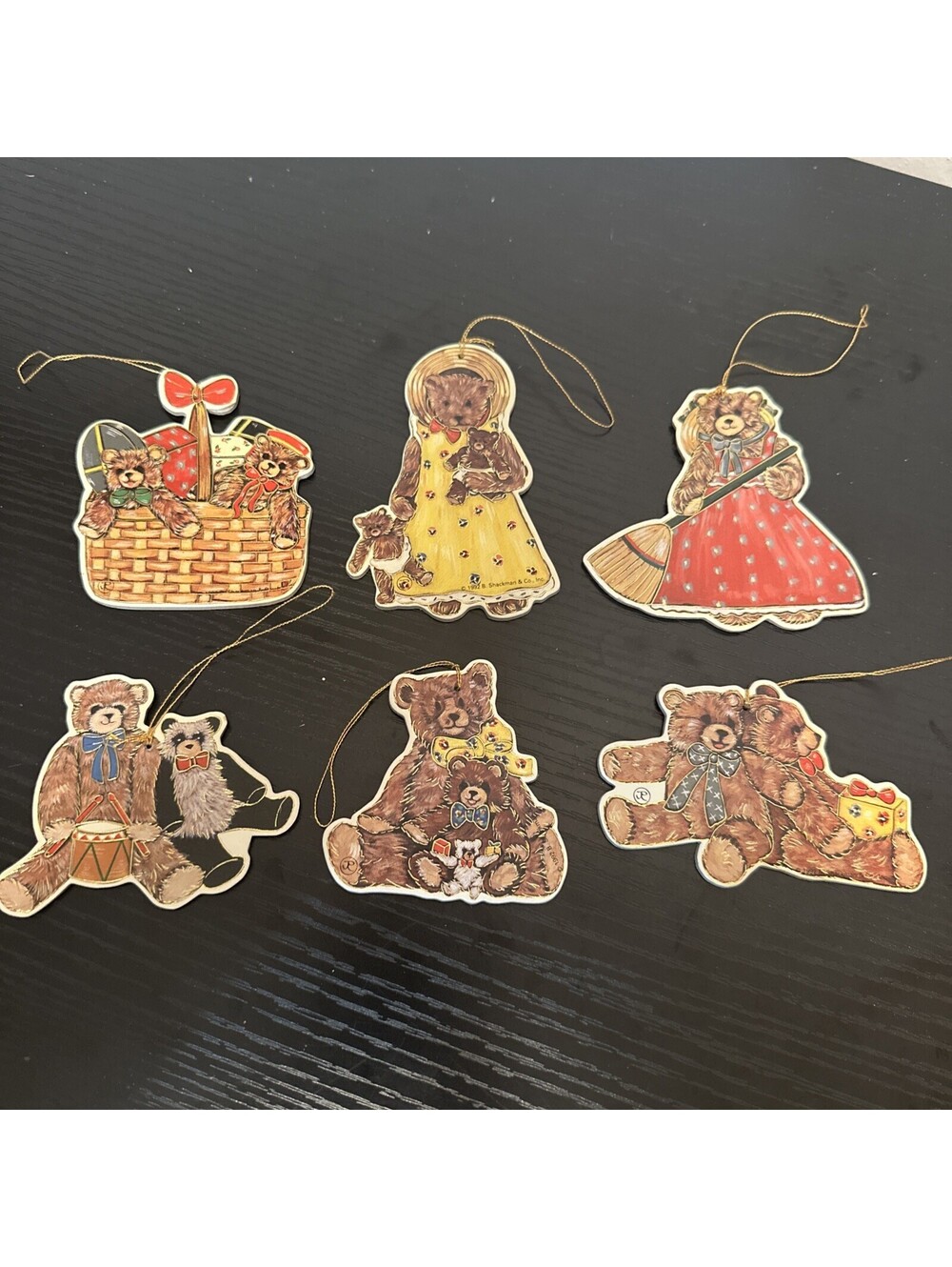 Vintage B. Shackman DIE CUT 2 Sided w/Gold Foil Christmas ORNAMENTS Teddy Bears